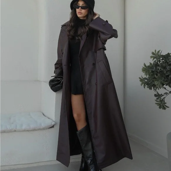 Burgundy Faux Leather Trench Coat - Picture 6 of 8